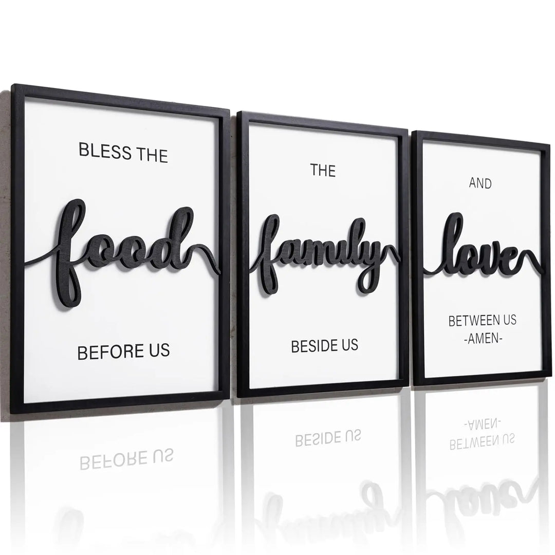 3D Wood Bless The Food Before Us Wall Decor, Framed, Set of 3