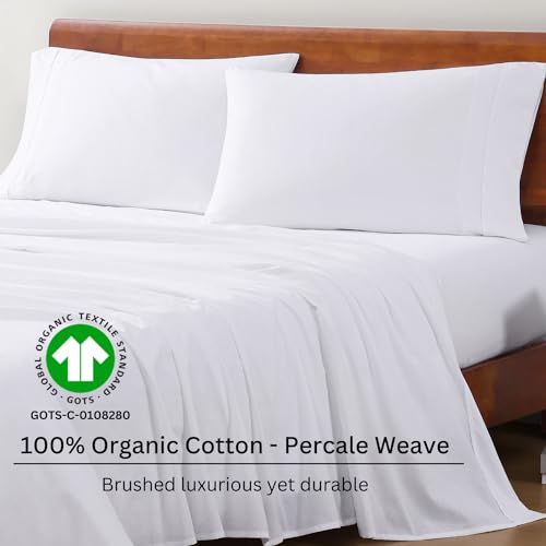 LANE LINEN 100% Organic Cotton Queen Sheet Set, 4Pc Cotton Sheets Queen Size Bed Set, Soft & Breathable Percale Weave, Deep Pocket Queen Sheets, Hotel-Quality Bed Sheets Queen Size - White Bed Sheets LANE LINEN