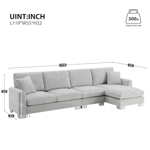 Ball & Cast 119" Oversized Luxury Sectional Sofa with Chaise Lounge,Chenille Line L-Shaped Couch Set W/ 2 Free Pillows,Modern Minimalist 5-seat for Living Room,Apartment,Large Space,Light Gray 