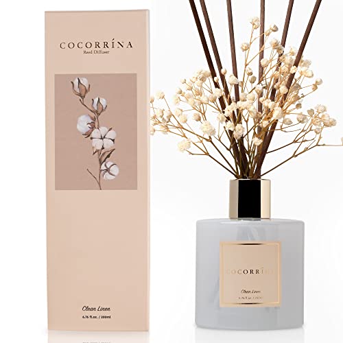 Cocorrína Reed Diffuser Set, 6.7 oz Clean Linen Scented Diffuser with Sticks Home Fragrance Reed Diffuser for Bathroom Shelf Decor COCORRÍNA