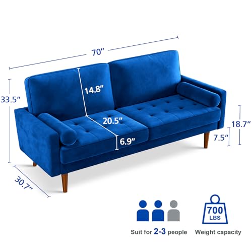 Vesgantti Loveseat Sofa, 70" Blue Velvet Couch with Tufted Seat Mid Century Modern Couch for Living Room, Bedroom, Office, Apartment (70 Inch, Blue) 