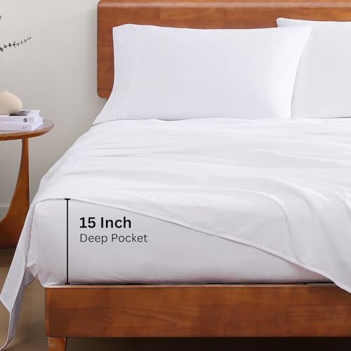 LANE LINEN 100% Organic Cotton Queen Sheet Set, 4Pc Cotton Sheets Queen Size Bed Set, Soft & Breathable Percale Weave, Deep Pocket Queen Sheets, Hotel-Quality Bed Sheets Queen Size - White Bed Sheets LANE LINEN