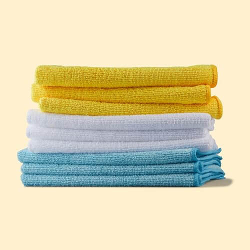 Amazon Basics Microfiber Cleaning Cloths, Pack of 24, Blue/White/Yellow, 16" x 12"