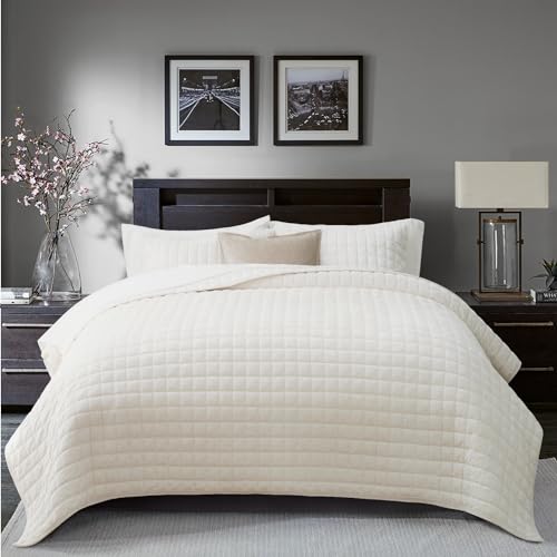 RECYCO Luxury Velvet Quilt Set King Size, Lightweight Velvet Comforter Set, Oversized Bedspread Coverlet Quilted Bedding Set, with 2 Matching Pillow Shams, for All Season, Cream White RECYCO