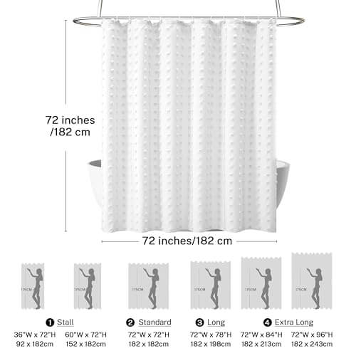 Siiluminisoy Boho Farmhouse White Shower Curtain Woven Fabric Shower Curtain, 72 x 72 Tufted Pleat Floral Puffs Textured Modern Farmhouse Minimalist Shower Curtain Set with Hooks for Bathroom 