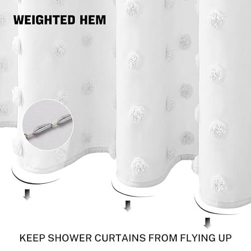 Siiluminisoy Boho Farmhouse White Shower Curtain Woven Fabric Shower Curtain, 72 x 72 Tufted Pleat Floral Puffs Textured Modern Farmhouse Minimalist Shower Curtain Set with Hooks for Bathroom 