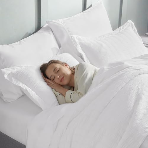 CozyLux Queen Bed in a Bag White Seersucker Comforter Set with Sheets 7-Pieces All Season Bedding Sets with Comforter, Pillow Sham, Flat Sheet, Fitted Sheet and Pillowcase CozyLux