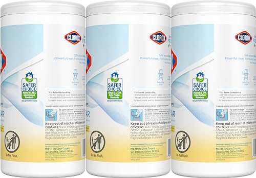 Clorox Free & Clear Compostable Cleaning Wipes, Light Lemon Scent, 75 Count, Pack of 3 (Pack May Vary)