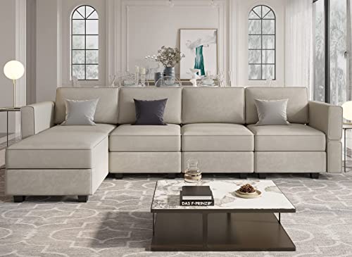 Belffin Modular Sectional Sofa Couch with Reversible Chaise Velvet L Shaped Couch with Storage 4-seat Convertible Sofa Grey… 