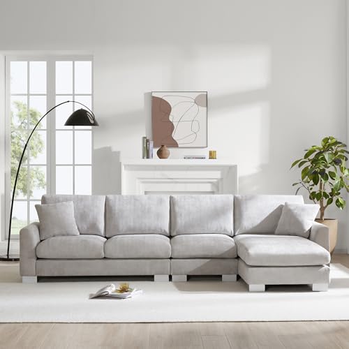 Ball & Cast 119" Oversized Luxury Sectional Sofa with Chaise Lounge,Chenille Line L-Shaped Couch Set W/ 2 Free Pillows,Modern Minimalist 5-seat for Living Room,Apartment,Large Space,Light Gray 