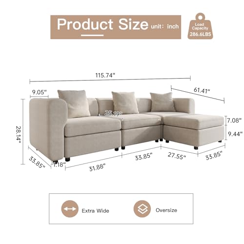 Miuuod 4 Seaters L Shape Oversized Sectional Sofa for Living Room,3 Seaters with 1 Ottoman,Modular Sofa,Convertible Leisure Couch,Deep Sleeper Couches, Beige,115.24" L 