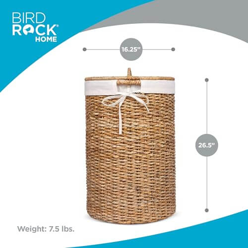 BIRDROCK HOME Seagrass Laundry Hamper with Lid & Liner - Handwoven Round Basket with Handles for Laundry/Dirty Clothes - Organizer, Storage, Shelves, Bin in Bathroom, Bedroom & Laundry Room - Natural BIRDROCK HOME