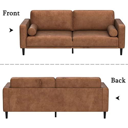 HIFIT Sofa Couches, 79” Mid-Century Modern Couch, Breathable Faux Leather Couch with Upholstered Cushions/Pillows, 3-Seat Sofas & Couches, for Living Room Apartment Office, Brown 