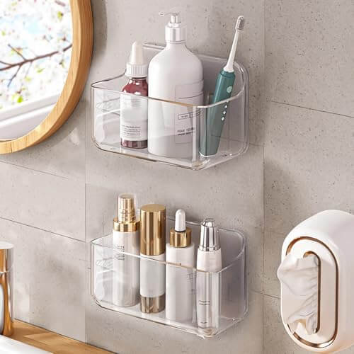 Diesisa 2pc Acrylic Wall Mount Organizer, Adhesive Clear Cabinet Door Organizer,Acrylic Shelves for Wall,No Drilling Hang Walls,with Self Adhesive Tape, for Bathroom, Kitchen, Living Room Diesisa