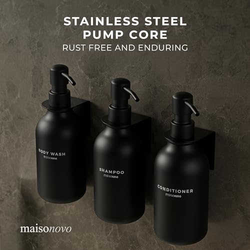 MaisoNovo Shampoo and Conditioner Dispenser - Shower Soap Dispenser Wall Mounted - 16.9 fl oz Set of 3 Black Plastic Bottles Black Pump - Shampoo Dispenser, Shower Dispenser 3 Chamber No Drill MAISONOVO