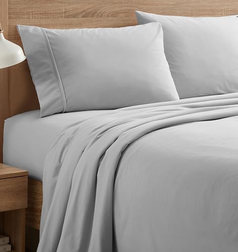 Flannel Sheets Queen Size Warm and Cozy Deep Pocket Breathable All Season Bedding Set with Fitted with Full Elastic & Built in Corner Sheet Straps, Flat and Pillowcases, Queen, Silver Sweet Home Collection