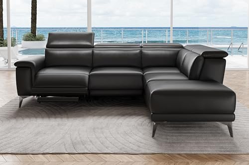 Valencia Pista Leather Reclining Sectional Sofa with Right Hand Chaise - Italian Nappa 11000 Top Grain Leather Couch - Power Reclining Seat with Leggett Adjustable Headrests - Black 