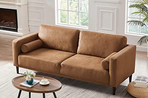 HIFIT Sofa Couches, 79” Mid-Century Modern Couch, Breathable Faux Leather Couch with Upholstered Cushions/Pillows, 3-Seat Sofas & Couches, for Living Room Apartment Office, Brown 