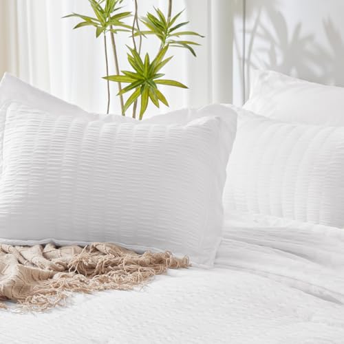 CozyLux Queen Bed in a Bag White Seersucker Comforter Set with Sheets 7-Pieces All Season Bedding Sets with Comforter, Pillow Sham, Flat Sheet, Fitted Sheet and Pillowcase CozyLux