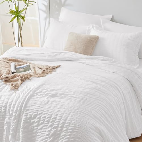 CozyLux Queen Bed in a Bag White Seersucker Comforter Set with Sheets 7-Pieces All Season Bedding Sets with Comforter, Pillow Sham, Flat Sheet, Fitted Sheet and Pillowcase CozyLux