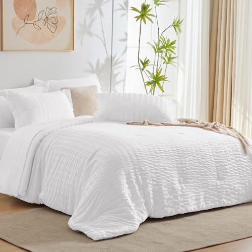 CozyLux Queen Bed in a Bag White Seersucker Comforter Set with Sheets 7-Pieces All Season Bedding Sets with Comforter, Pillow Sham, Flat Sheet, Fitted Sheet and Pillowcase CozyLux