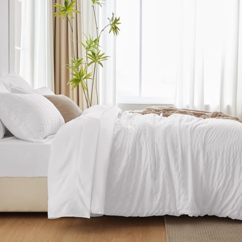 CozyLux Queen Bed in a Bag White Seersucker Comforter Set with Sheets 7-Pieces All Season Bedding Sets with Comforter, Pillow Sham, Flat Sheet, Fitted Sheet and Pillowcase CozyLux