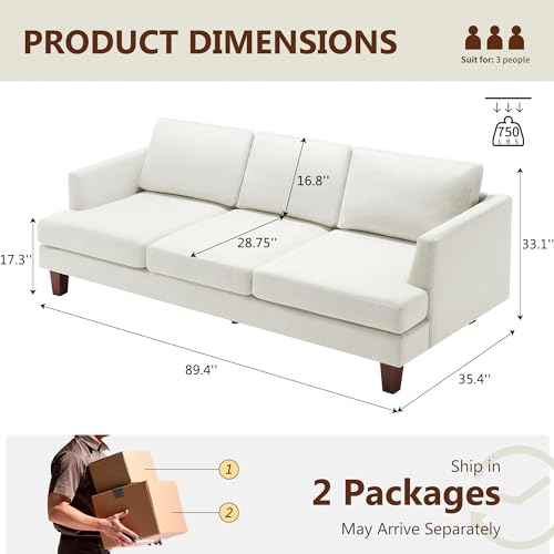 Busaurus 3 Seater Sofa Couch with Deep Seats, 89" Mid Century Modern Upholstered Sofa with Armrests, Comfy Couches for Living Room, Bedroom, Apartment and Office (Beige) 