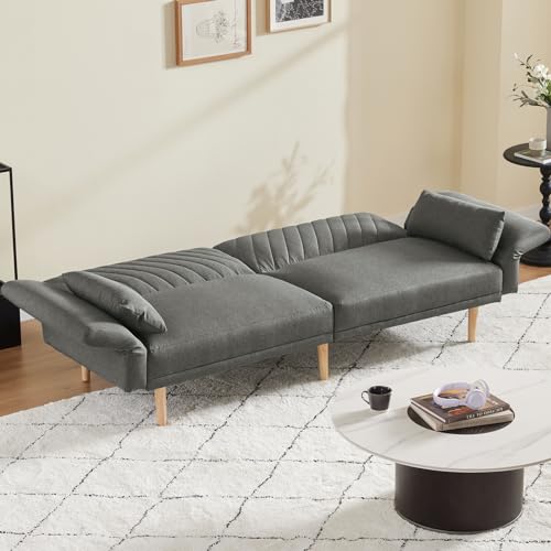 WILLOVE Futon Sofa Bed, 78" Modern Futon Couch, 3 Seater Folding Bed Tufted Couch with Adjustable Backrests and Armrest, Solid Wood Legs for Living Room, Bedroom, Small Room, Gray 