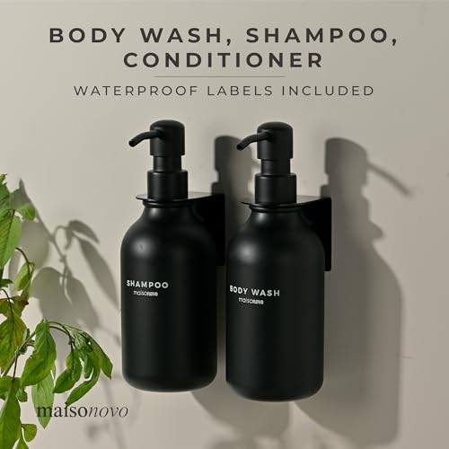 MaisoNovo Shampoo and Conditioner Dispenser - Shower Soap Dispenser Wall Mounted - 16.9 fl oz Set of 3 Black Plastic Bottles Black Pump - Shampoo Dispenser, Shower Dispenser 3 Chamber No Drill MAISONOVO