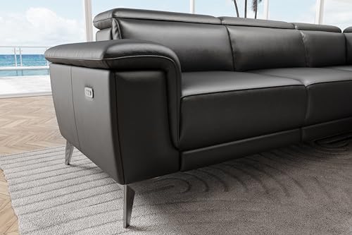 Valencia Pista Leather Reclining Sectional Sofa with Right Hand Chaise - Italian Nappa 11000 Top Grain Leather Couch - Power Reclining Seat with Leggett Adjustable Headrests - Black 