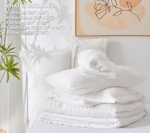 CozyLux Queen Bed in a Bag White Seersucker Comforter Set with Sheets 7-Pieces All Season Bedding Sets with Comforter, Pillow Sham, Flat Sheet, Fitted Sheet and Pillowcase CozyLux