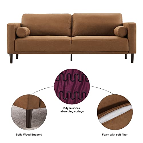 HIFIT Sofa Couches, 79” Mid-Century Modern Couch, Breathable Faux Leather Couch with Upholstered Cushions/Pillows, 3-Seat Sofas & Couches, for Living Room Apartment Office, Brown 