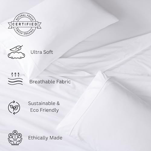 LANE LINEN 100% Organic Cotton Queen Sheet Set, 4Pc Cotton Sheets Queen Size Bed Set, Soft & Breathable Percale Weave, Deep Pocket Queen Sheets, Hotel-Quality Bed Sheets Queen Size - White Bed Sheets LANE LINEN