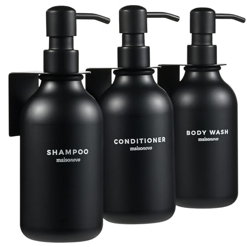 MaisoNovo Shampoo and Conditioner Dispenser - Shower Soap Dispenser Wall Mounted - 16.9 fl oz Set of 3 Black Plastic Bottles Black Pump - Shampoo Dispenser, Shower Dispenser 3 Chamber No Drill MAISONOVO