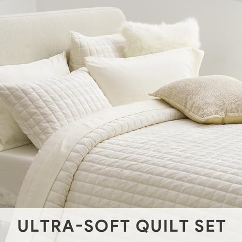 RECYCO Luxury Velvet Quilt Set King Size, Lightweight Velvet Comforter Set, Oversized Bedspread Coverlet Quilted Bedding Set, with 2 Matching Pillow Shams, for All Season, Cream White RECYCO