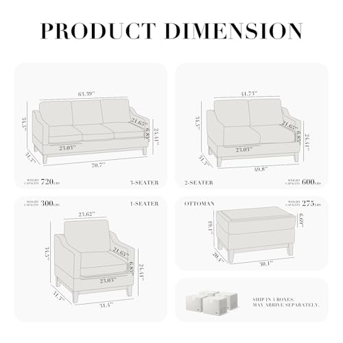 Sectional Sofa Couch Set with Coffee Table-Living Room Sofa Set with 3-Seater Couch, Loveseat Sofa and Armchair, Modern Versatile Convertible Modular Sofa Set for Living Room/Apartment-Beige 