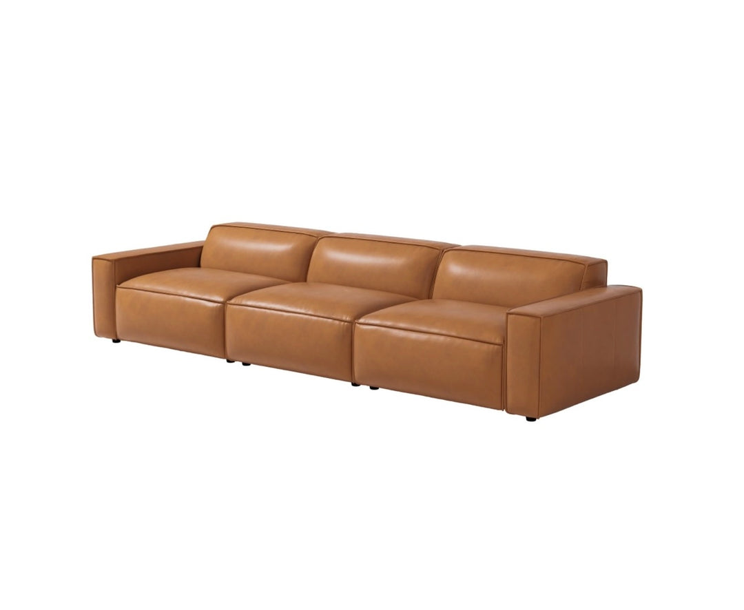 Valencia Nathan Napa Leather Couch - Three Seats Sofa - 100% Full Aniline Leather Modern Sofa for Lounge and Living Room Solid Wood Frame and High-Resilience Foam Couch (Caramel Brown) 