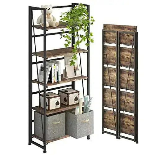 4NM Bookshelf | Folding 5-Tiers Bookcase - Rustic Brown/Black 4NM