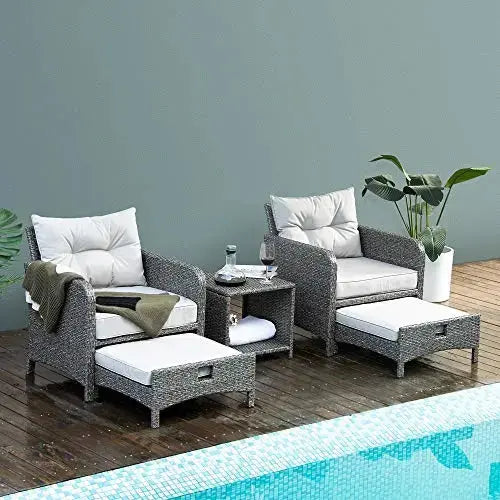 5-Piece Outdoor Wicker Patio Furniture Set with Ottomans - Grey