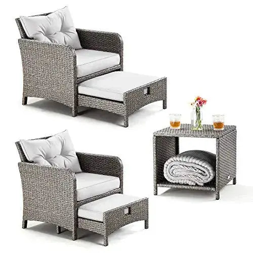 5-Piece Outdoor Wicker Patio Furniture Set with Ottomans - Grey