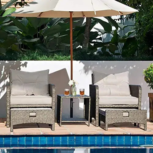 5-Piece Outdoor Wicker Patio Furniture Set with Ottomans - Grey