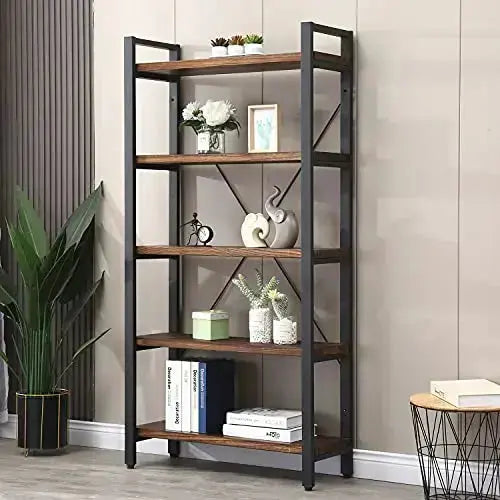 5 Tier Industrial Bookcase | Solid Wood Rustic Bookshelf - Retro Brown WH-AOERPUMY