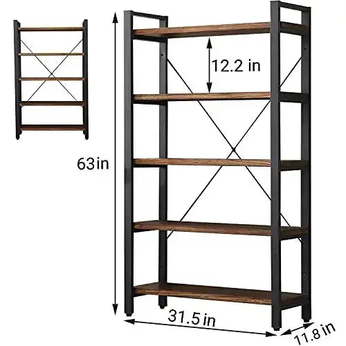5 Tier Industrial Bookcase | Solid Wood Rustic Bookshelf - Retro Brown WH-AOERPUMY