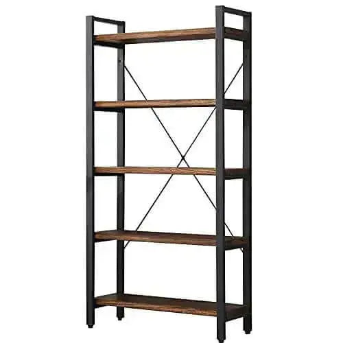 5 Tier Industrial Bookcase | Solid Wood Rustic Bookshelf - Retro Brown WH-AOERPUMY