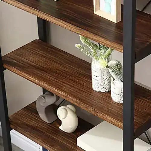 5 Tier Industrial Bookcase | Solid Wood Rustic Bookshelf - Retro Brown WH-AOERPUMY