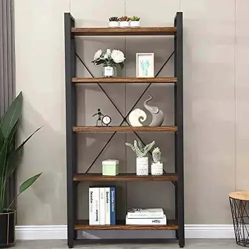 5 Tier Industrial Bookcase | Solid Wood Rustic Bookshelf - Retro Brown WH-AOERPUMY