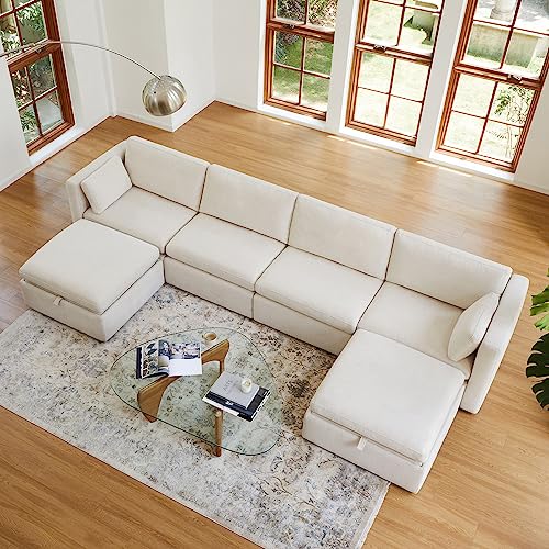 CHITA Oversized Modular Sectional Fabric Sofa Set, FSC Certified Extra Large U Shaped Couch Reversible Chaise Modular Sectional Couch, 146 inch Width, 6 Seat Modular Sofa with Storage Ottomans, Linen 