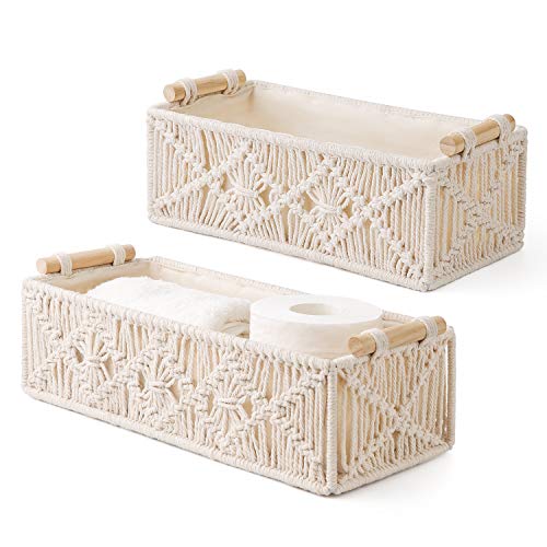 Mkono Macrame Storage Baskets Boho Decor Box Handmade Woven Decorative Countertop Toilet Tank Shelf Cabinet Organizer for Bedroom Livingroom Home, Set of 2, Ivory Mkono