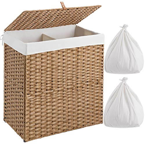 Greenstell Laundry Hamper with lid, No Install Needed, 110L Wicker Laundry Baskets Foldable 2 Removable Liner Bags, 2 Section Clothes Hamper Handwoven Rattan Laundry Basket with Handles, Natural GREENSTELL