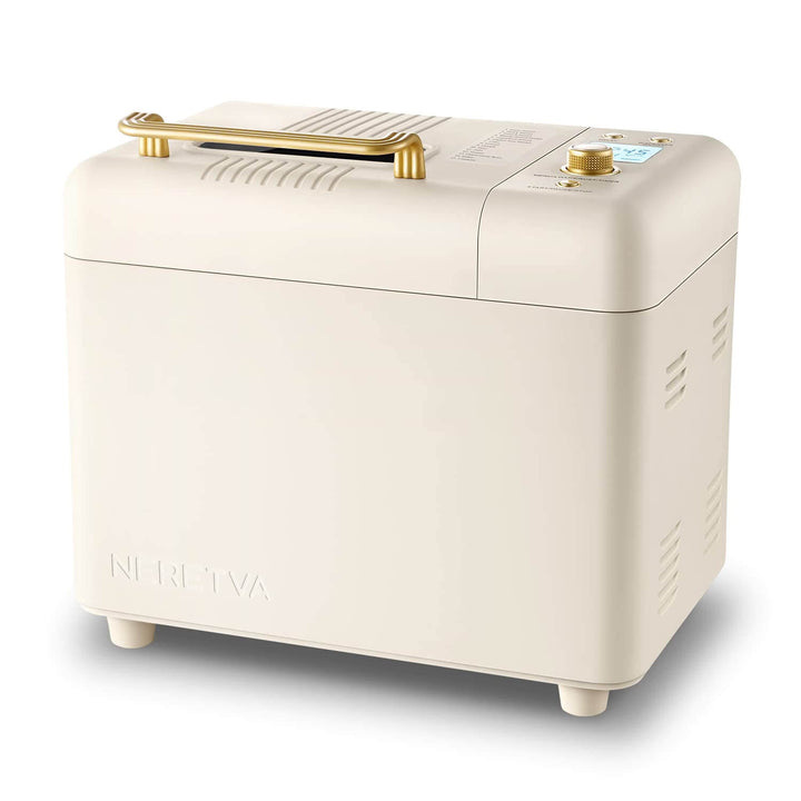 Neretva 2.2LB Bread Machine in white, featuring a nonstick ceramic pan and automatic nut dispenser.